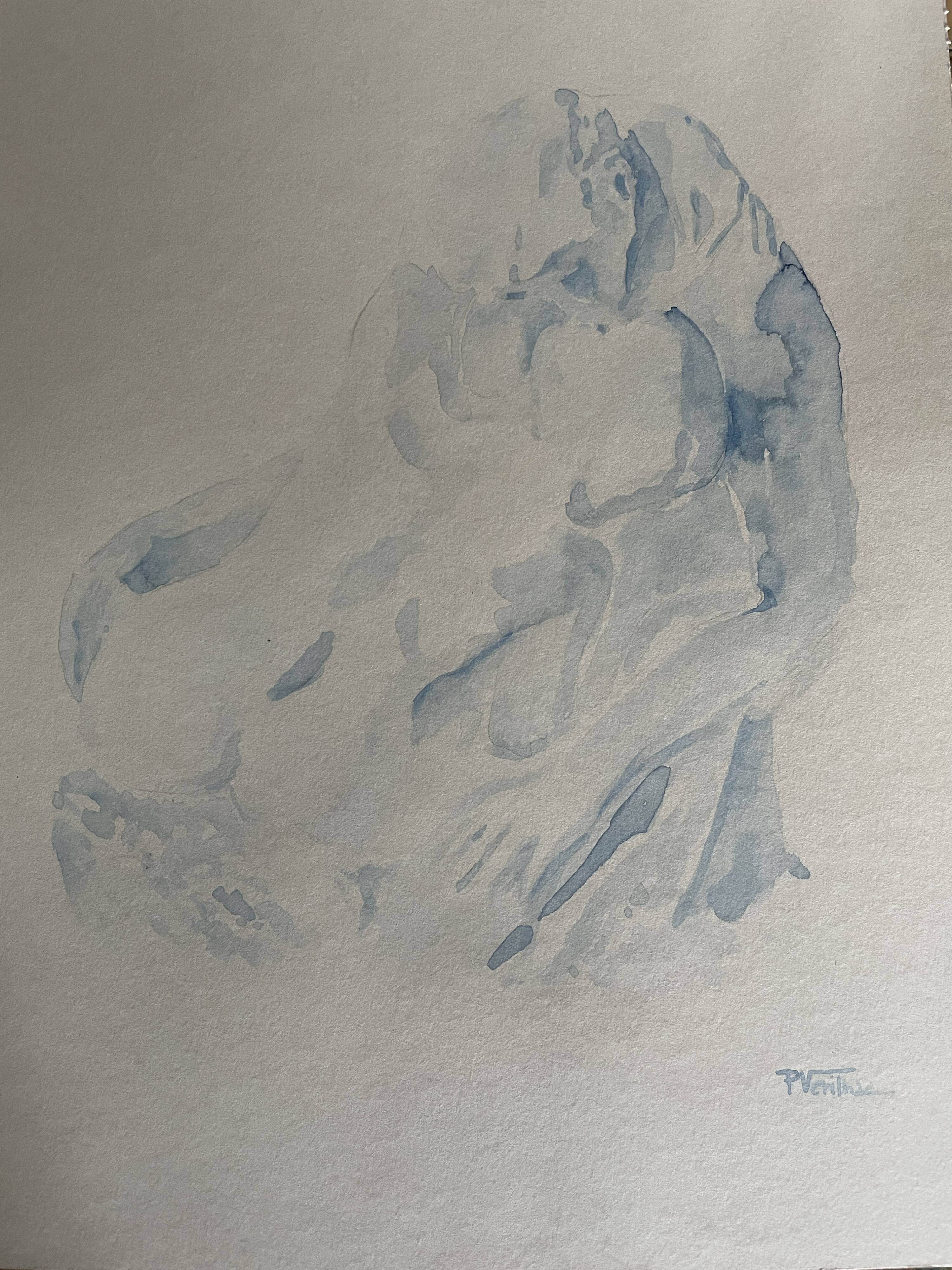 Signed watercolour monochrome blue study of the statue "The Kiss by Rodin"