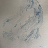Tableau signé aquarelle monochrome bleue étude de la statue  « le baiser de Rodin »