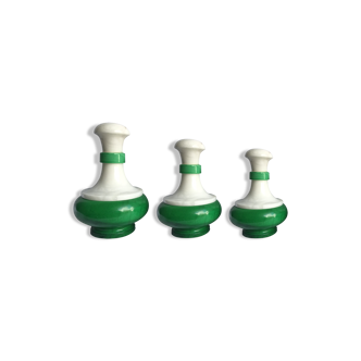 Set of 3 green and white marble bottles