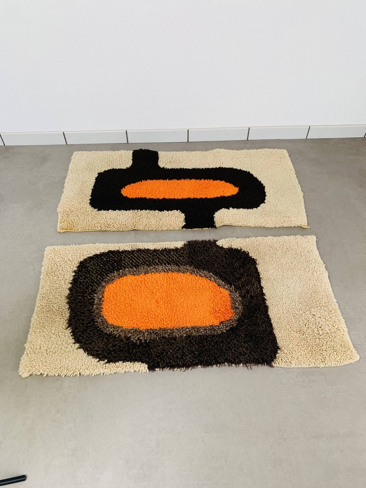 Pair of 70's wool rugs/bedside mats, Scandinavian style.