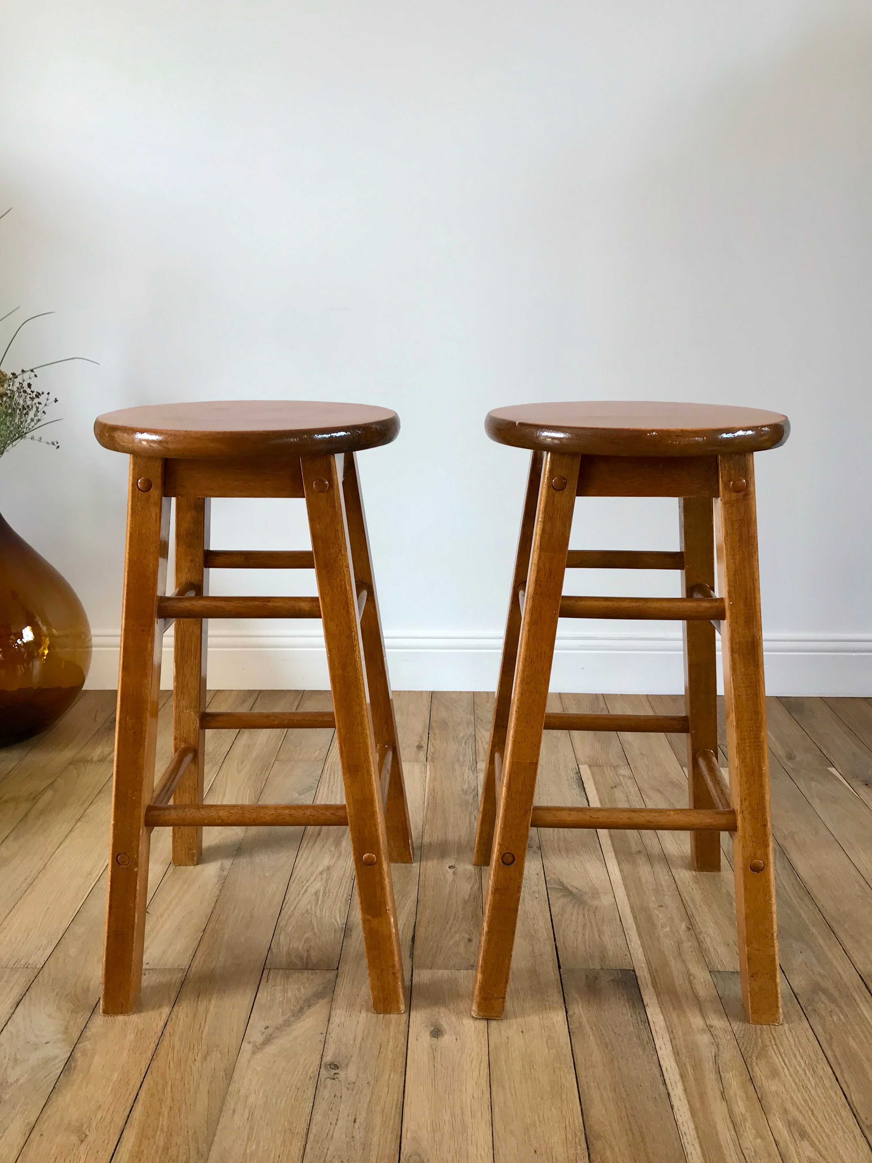 Pair of high stools / bar varnished wood 60-70s