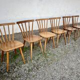 Set of 6 vintage bistro chairs – Warm stained wood – Compass legs