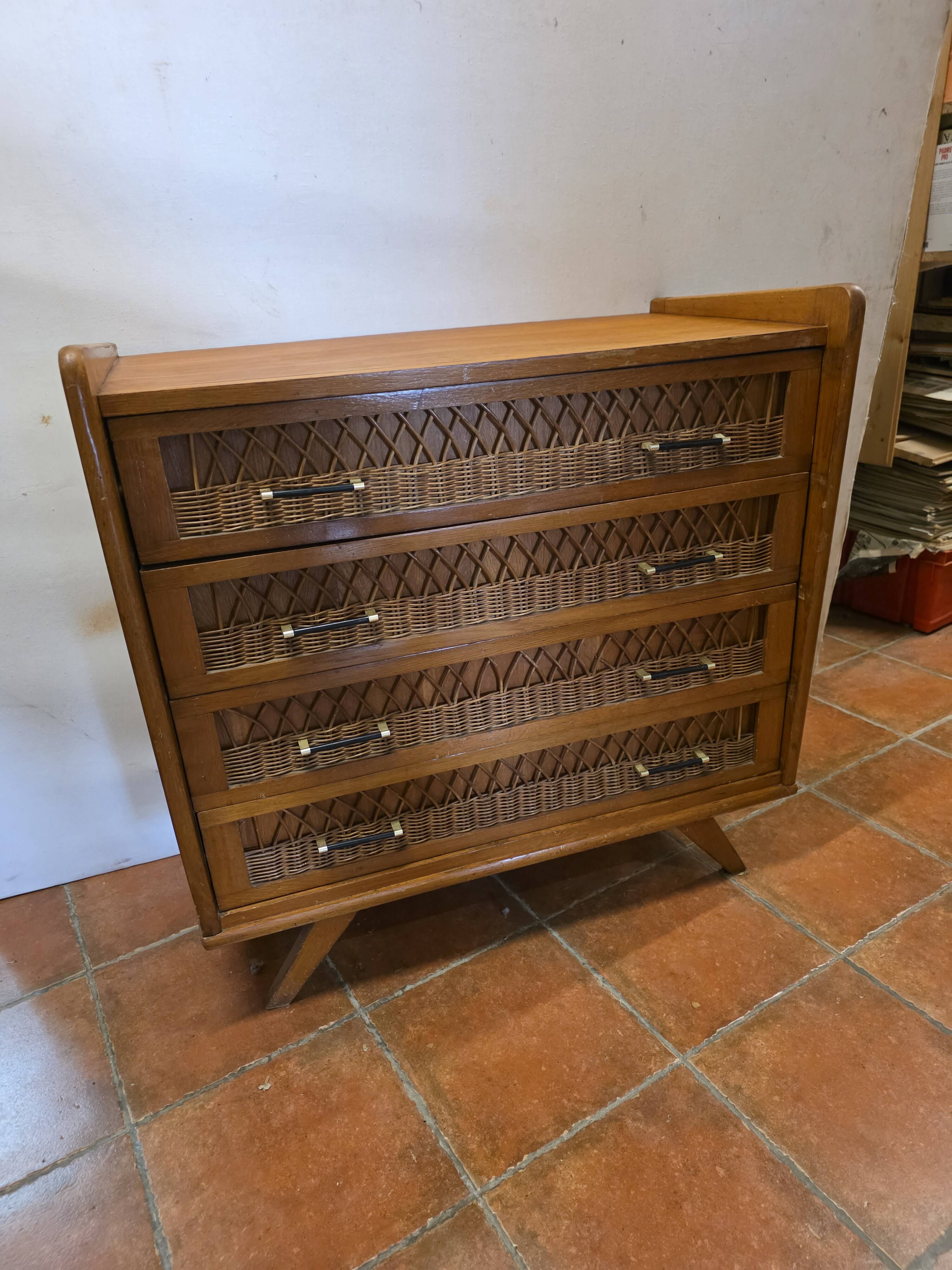 Commode vintage rotin et chêne des années 60