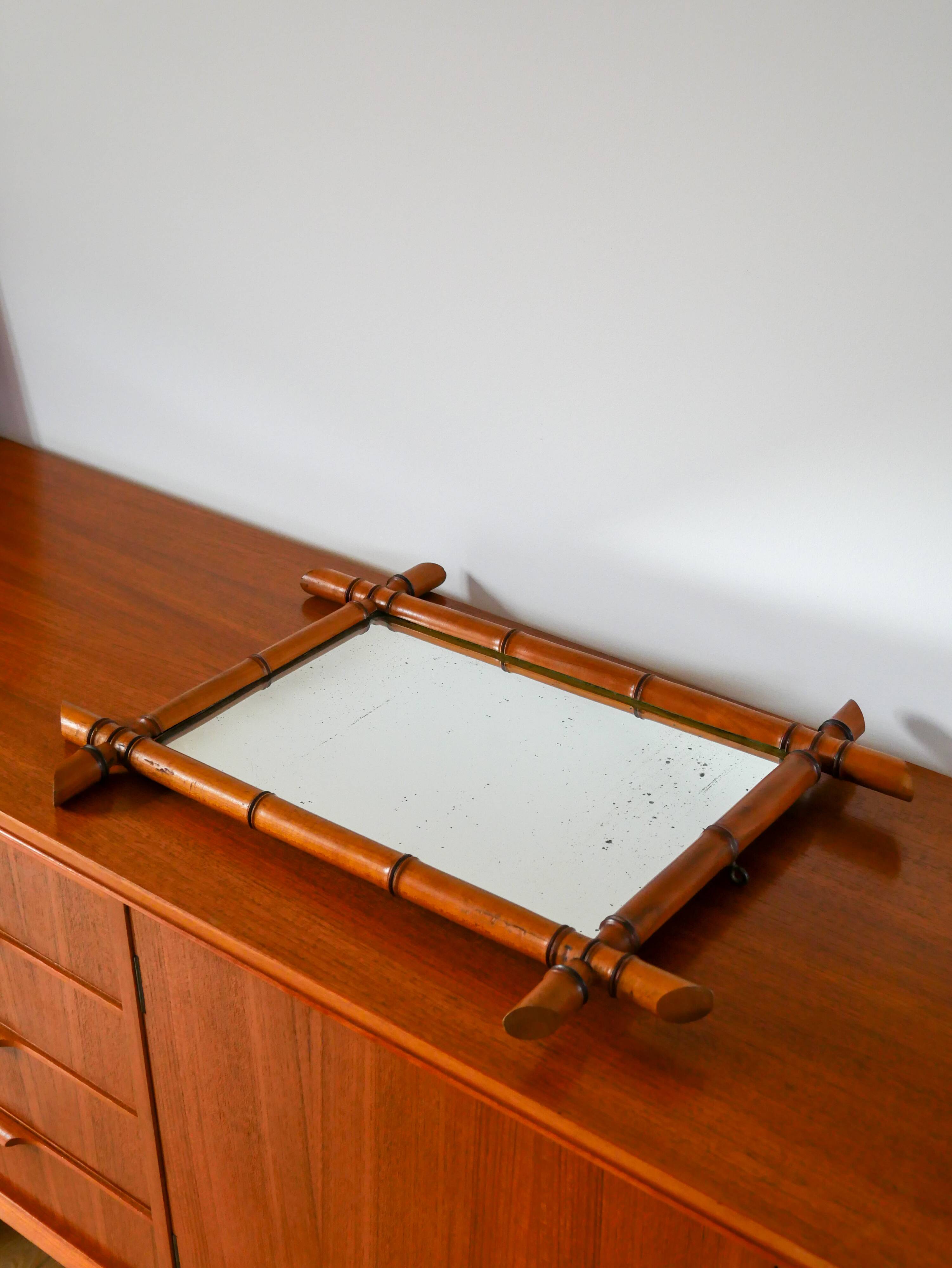 Bamboo effect wooden barber mirror 55 x 41 cm