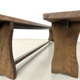 Pair of solid oak benches, winged legs, France, 1970s