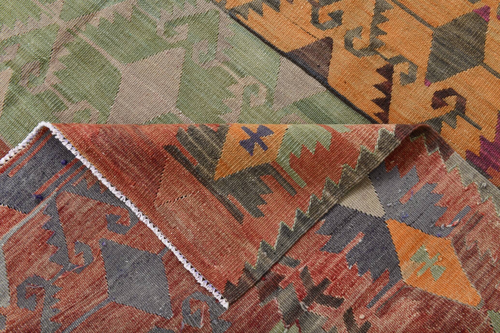 6x13 Kilim Red & Blue Long Wide Ethnic Pattern Wool Kilim Rug, 176x390 Cm