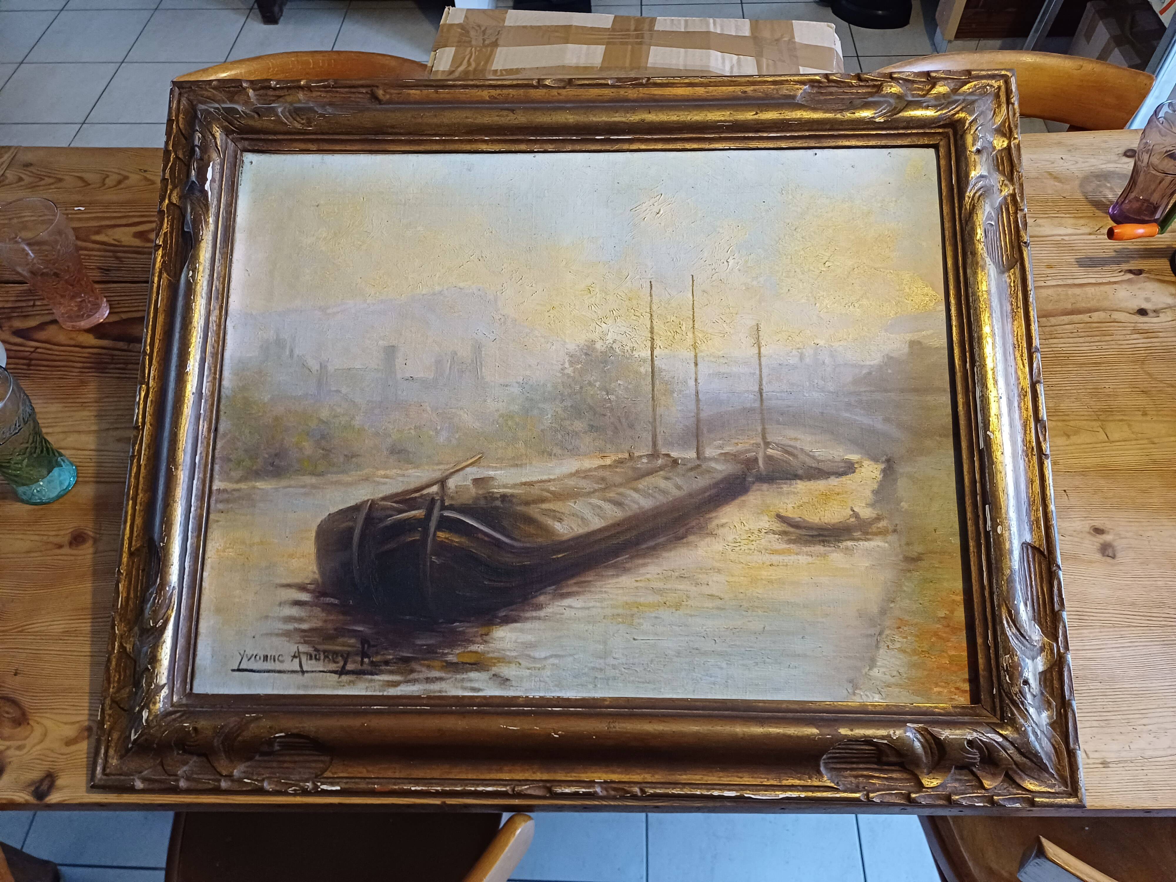 Oil on Canvas 19th Yvonac Annurey R "Barge"