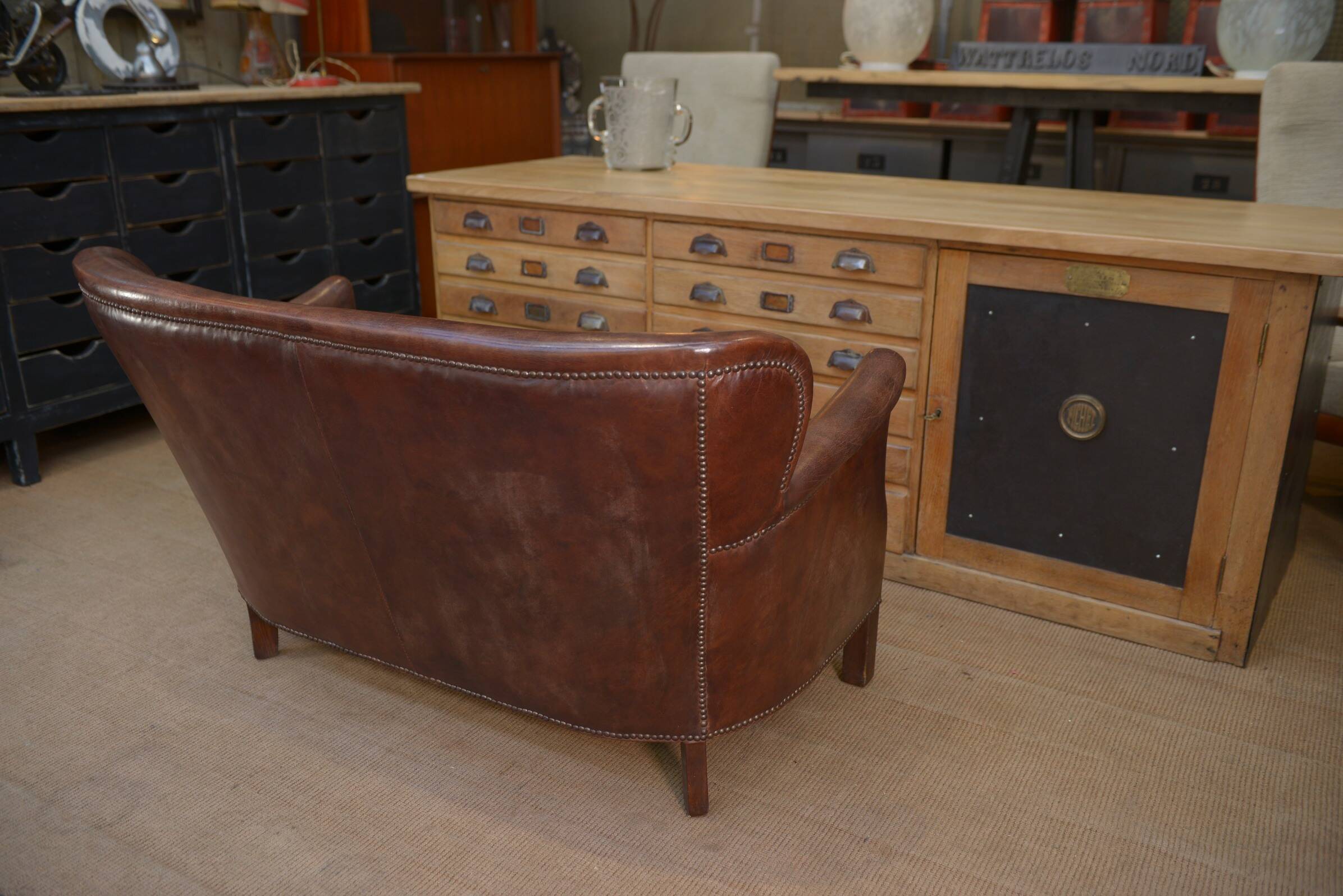 Small Vintage Bench Sofa Studded Leather Sofa 1970s