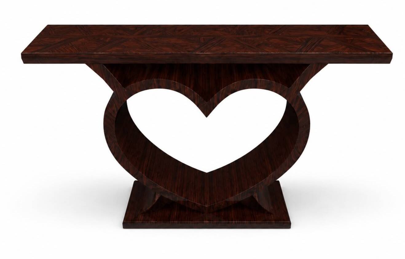 Une console Art Déco en hêtre et palissandre en forme de cœur