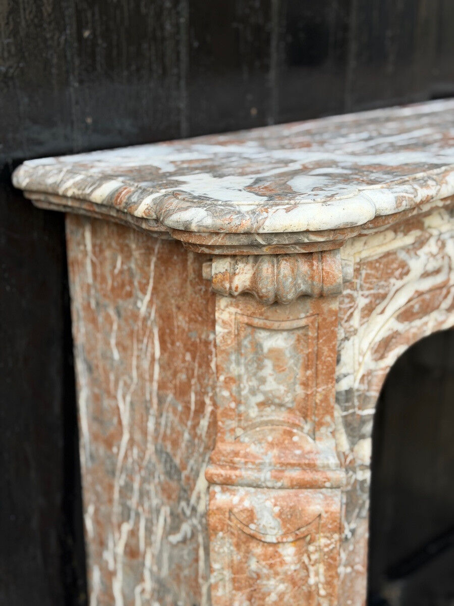 Louis XV style fireplace in grey Ardennes marble, circa 1900.