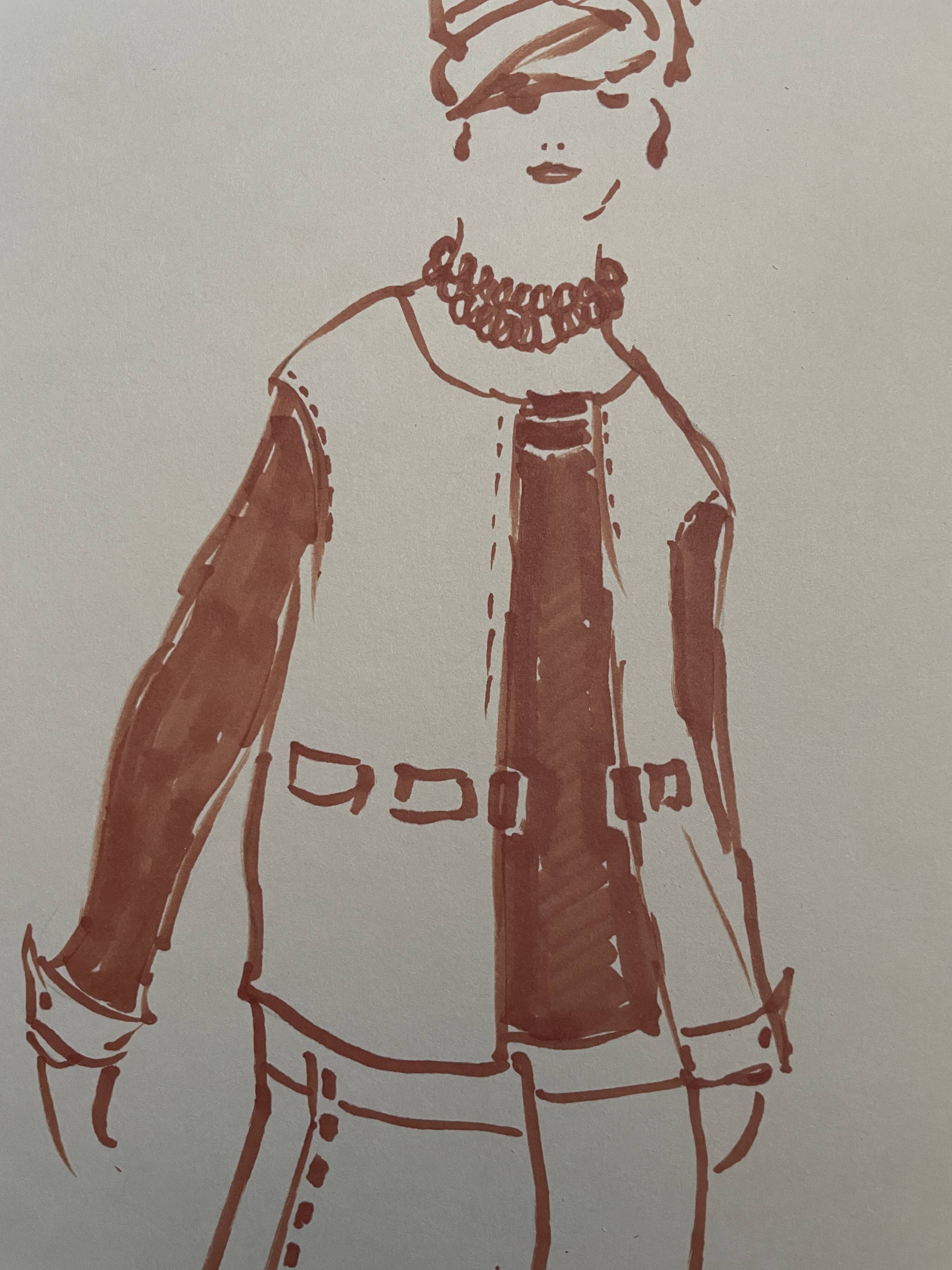 Painting signed in ink fashion engraving "study of a model of a woman's sleeveless vest"