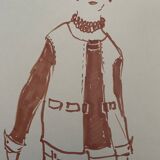 Painting signed in ink fashion engraving "study of a model of a woman's sleeveless vest"