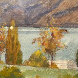 Old painting, landscape of a Swiss lake, signed A Bezencon, dated 1921