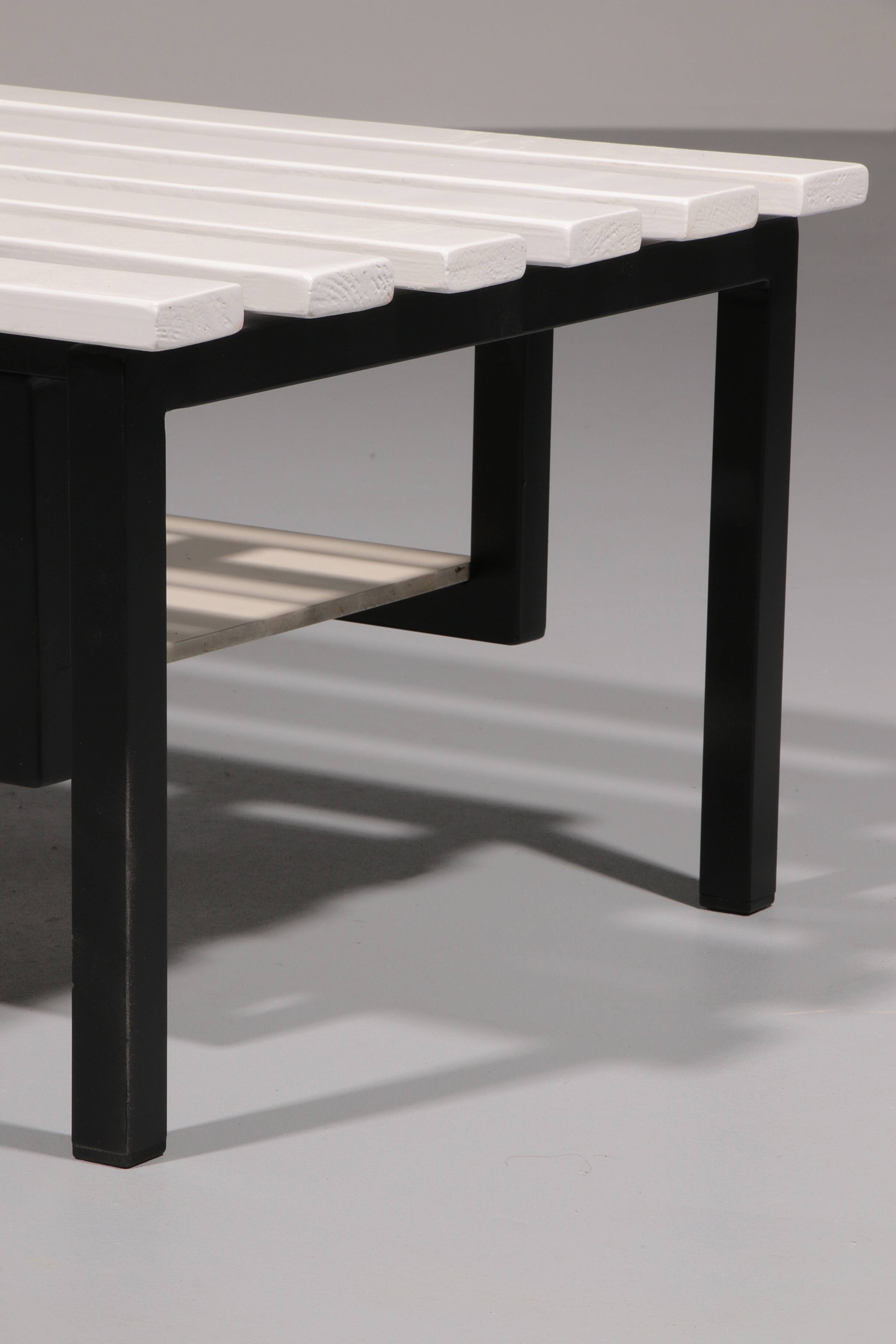 Vintage White Wooden Bench with Black Metal Frame