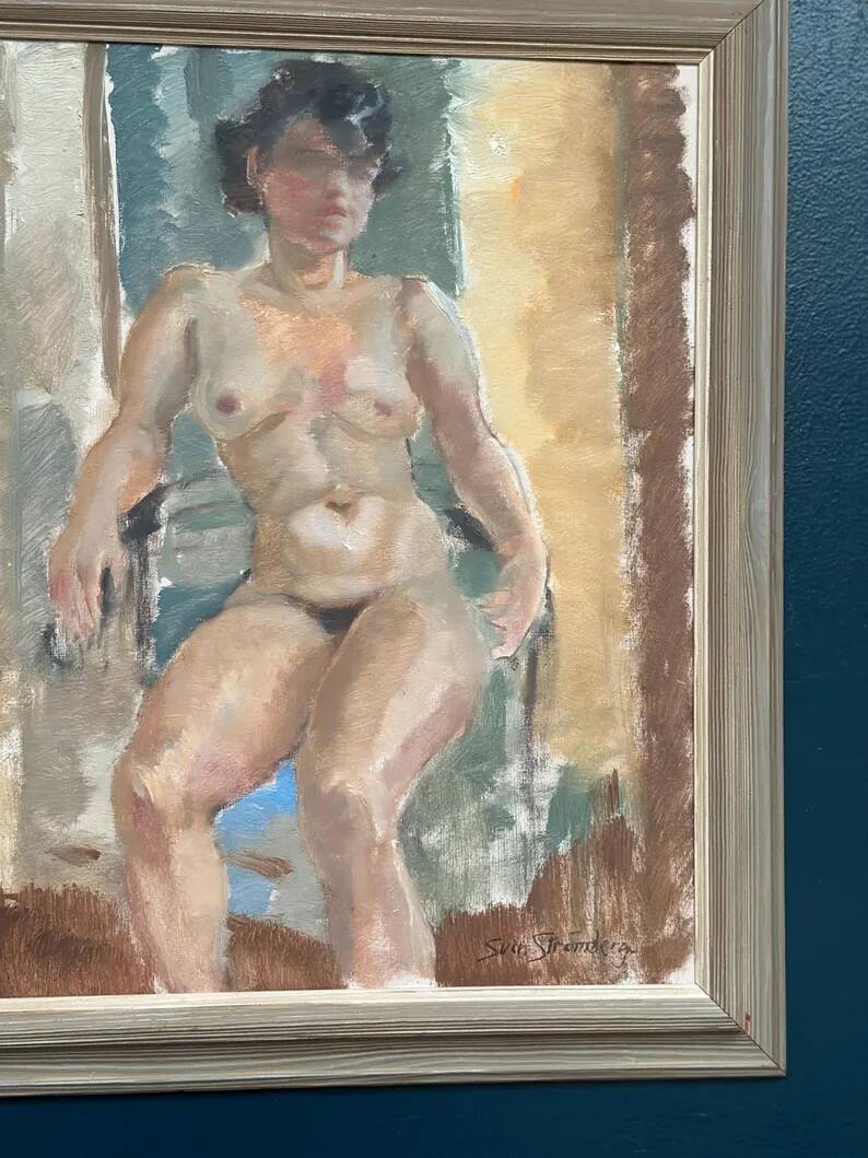 Huile sur toile originale – “Dame assise” par Sven Strömberg – Signée – Vintage et encadrée