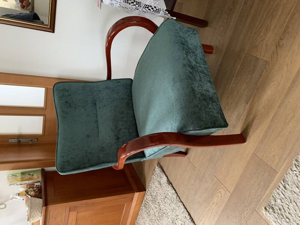 Art Deco green armchair in fabric and wood, 1920s, restored and reupholstered.
