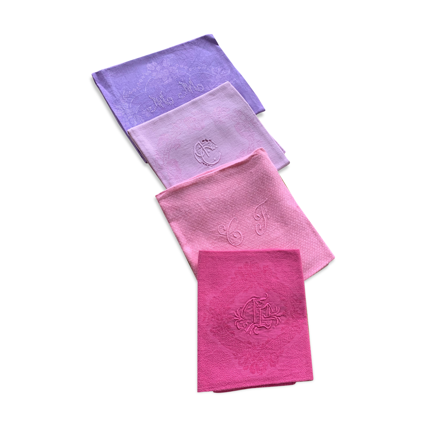 Set of 4 old towels in linen and damask cotton, monogram shades of roses