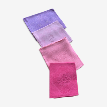 Lot de 4 serviettes anciennes en lin et coton damassé, monogrammee nuances de roses