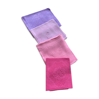 Set of 4 old towels in linen and damask cotton, monogram shades of roses