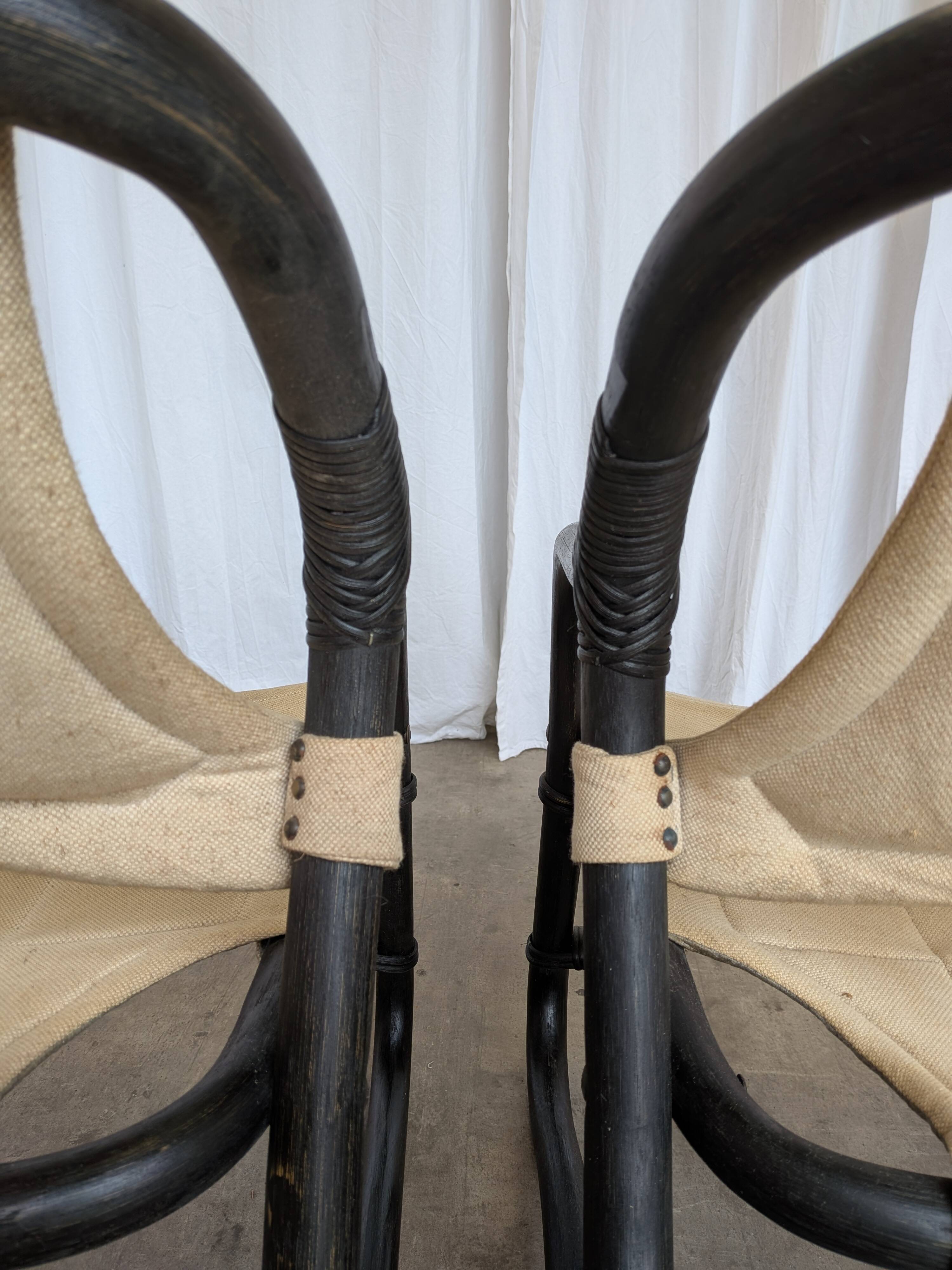 2 Vintage Espri Safari Lounge Armchairs / Rare Mid-century Black Bamboo and Beige Fabric Easy C