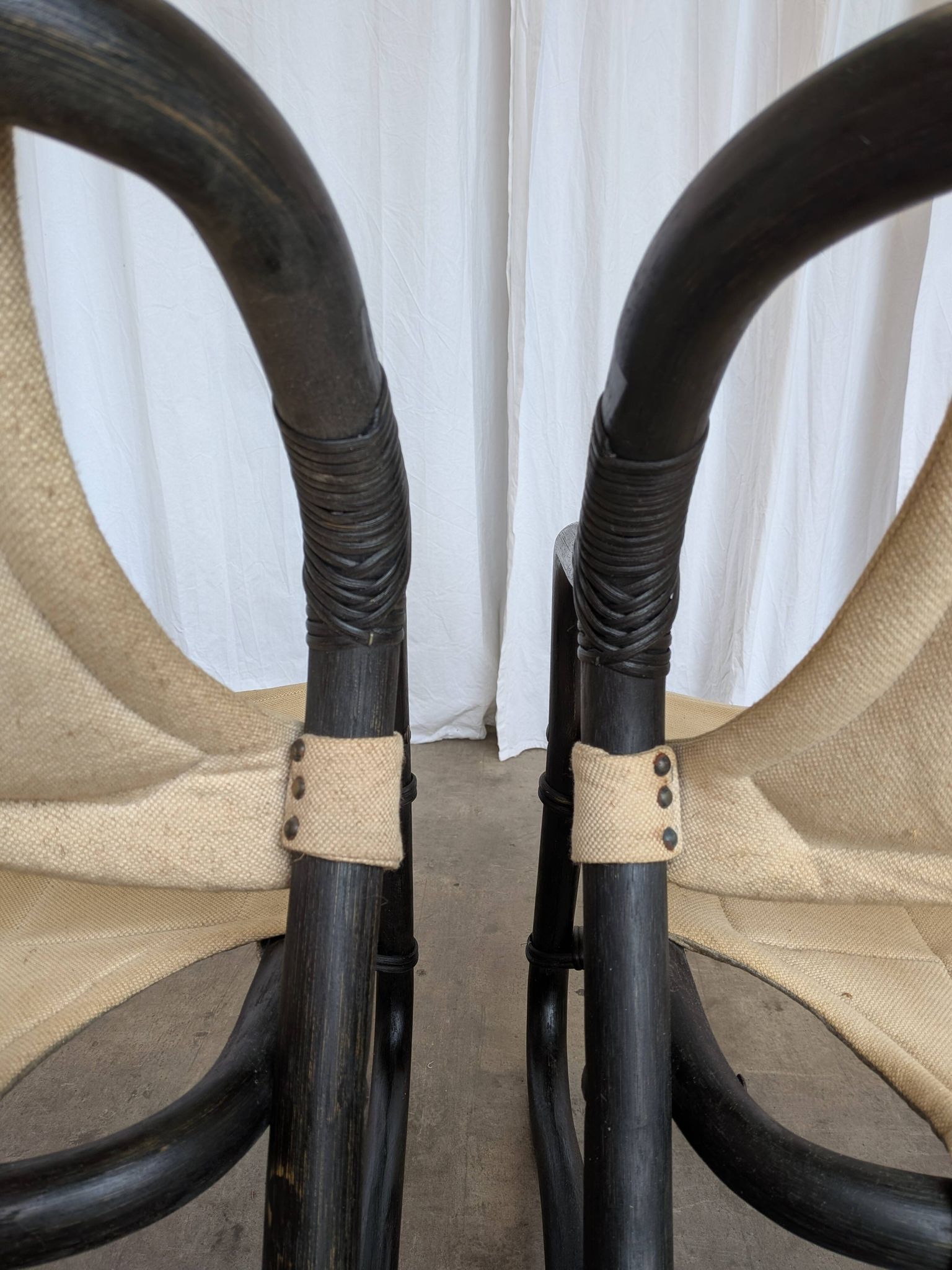 2 Vintage Espri Safari Lounge Armchairs / Rare Mid-century Black Bamboo and Beige Fabric Easy C