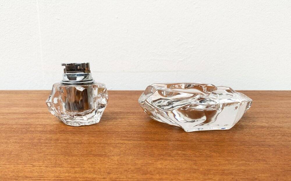 Mid-century Scandinavian heavy frosted glass table and ashtray, 1960s, set of 2.