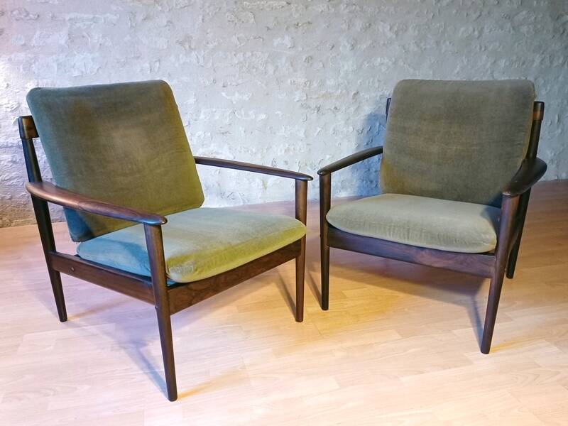 Pair of Danish Grete Jalk armchairs model Poul Jeppesen 56 in rosewood Denmark.