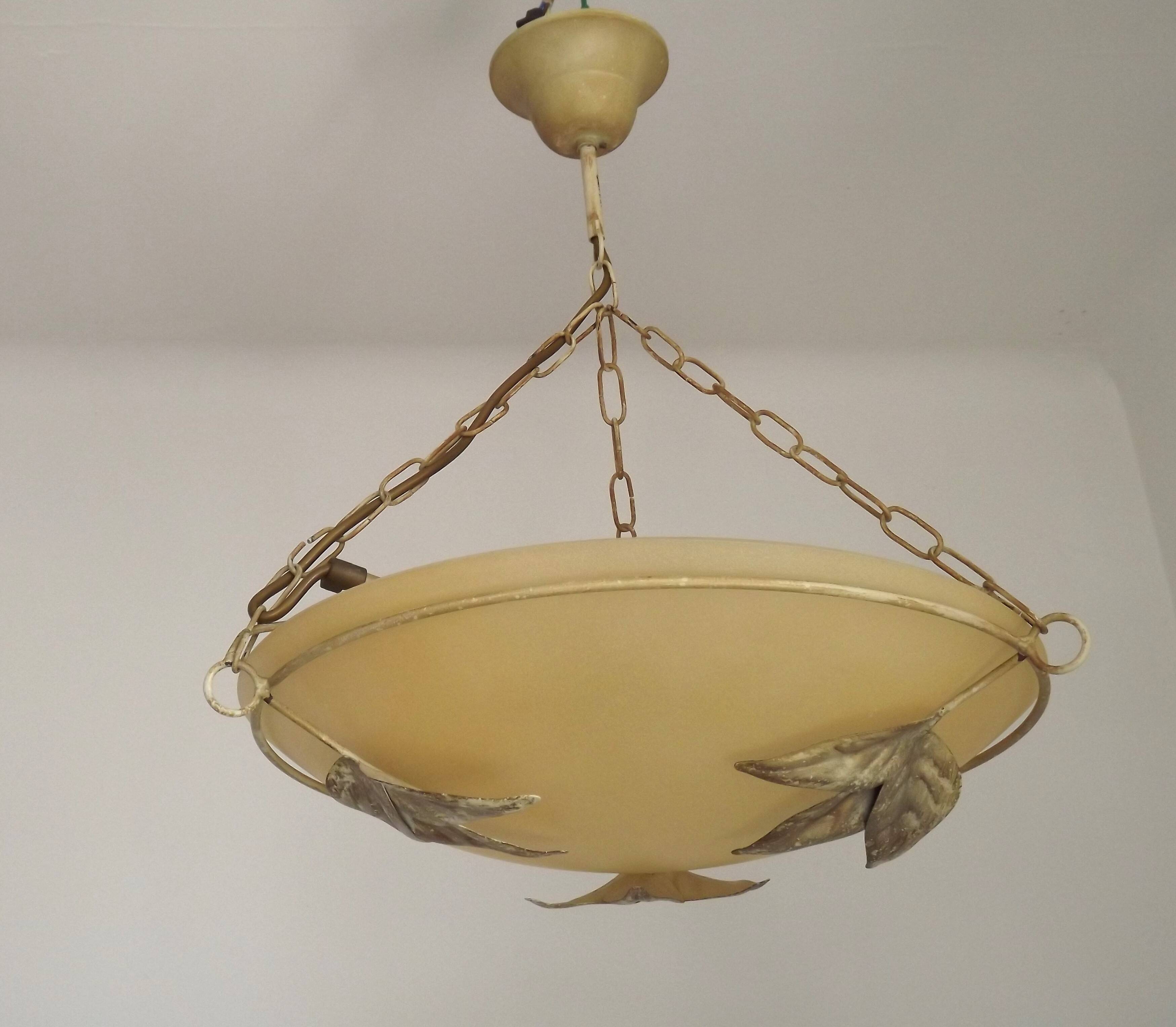 Italian Metal Ceiling Light Gold Leaf Detail Frosted Glass Bowl Shade