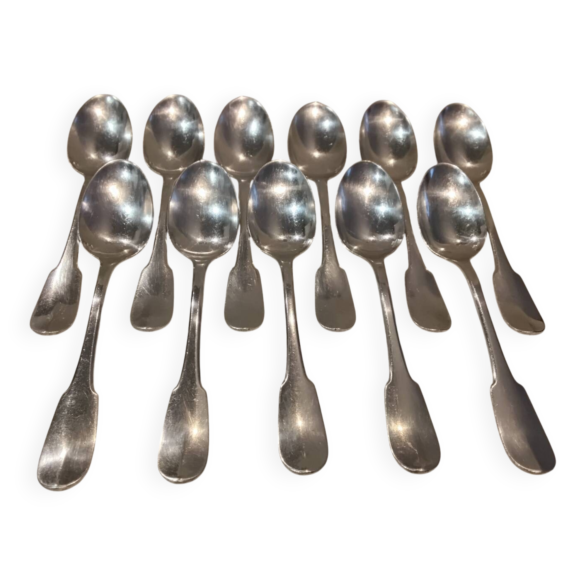11 silver-plated dessert spoons by Christofle, Cluny pattern, striped