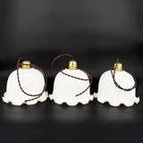 Set of 3 vintage bell-shaped pendants in white opaline with brown trim.