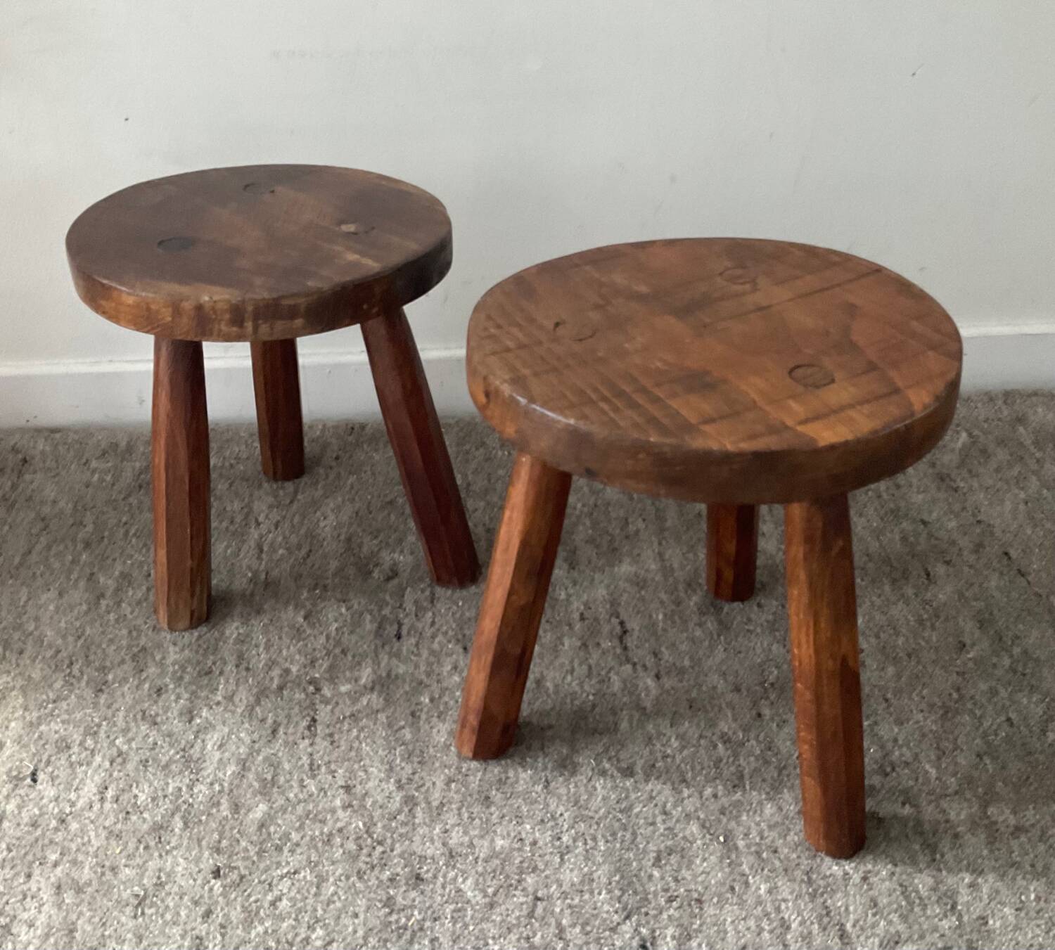 Pair of wooden tripod foot stools