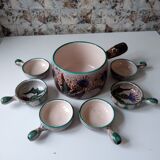 Vallauris fondue serving lot 1 large pot and 6 small pots décor thistle gray, blue, green