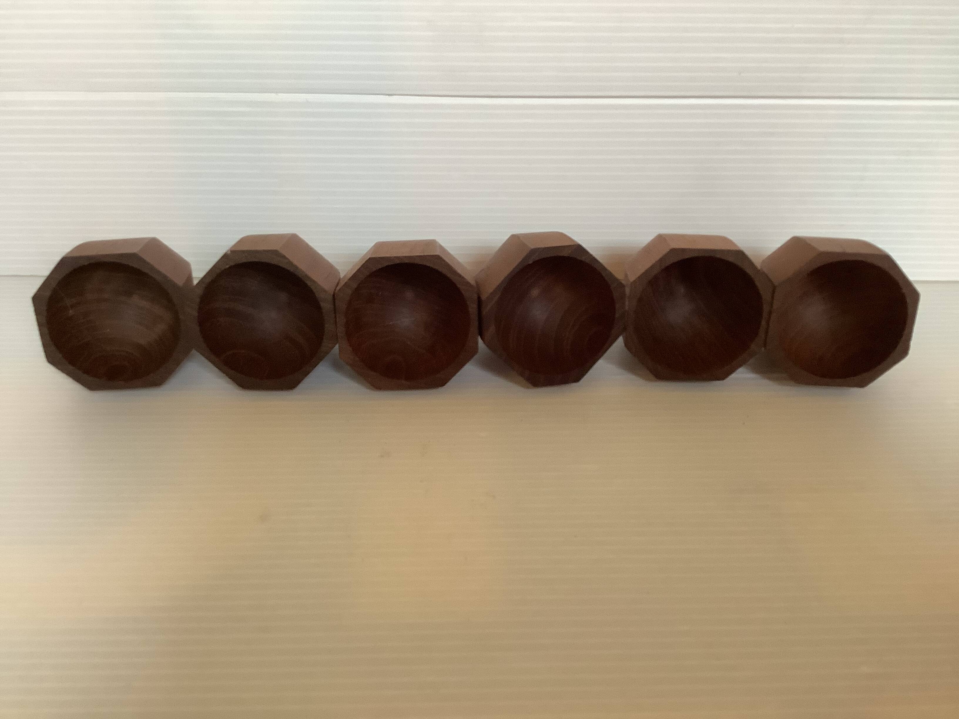 Six Scandinavian teak wood egg cups