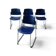 Vintage blue chairs, chrome metal structure, modern mid-century retro seats