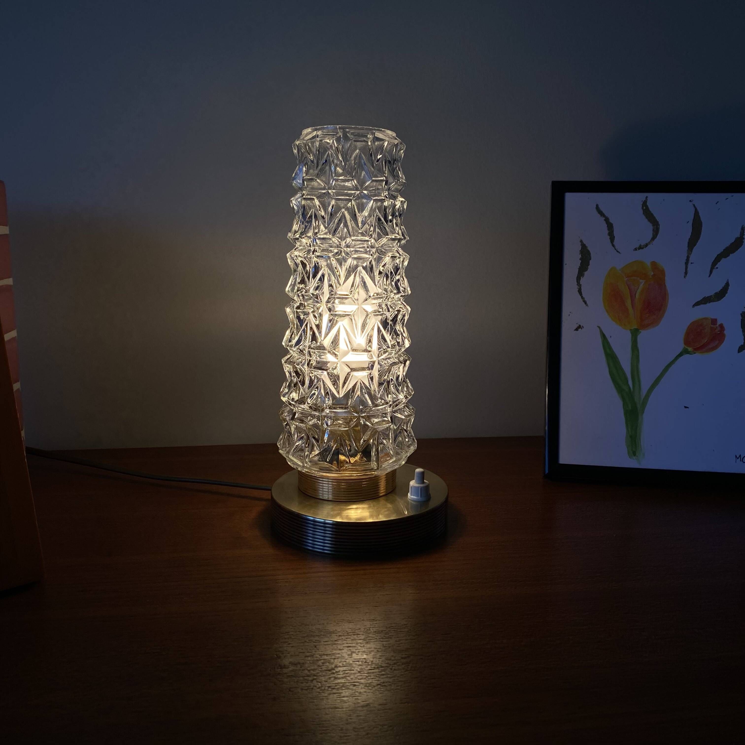 Vintage tulip-shaped table, desk, and bedside lamp with antique glass shade and brass base