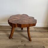 Brutalist coffee table, elm slice, tripod, 1960s