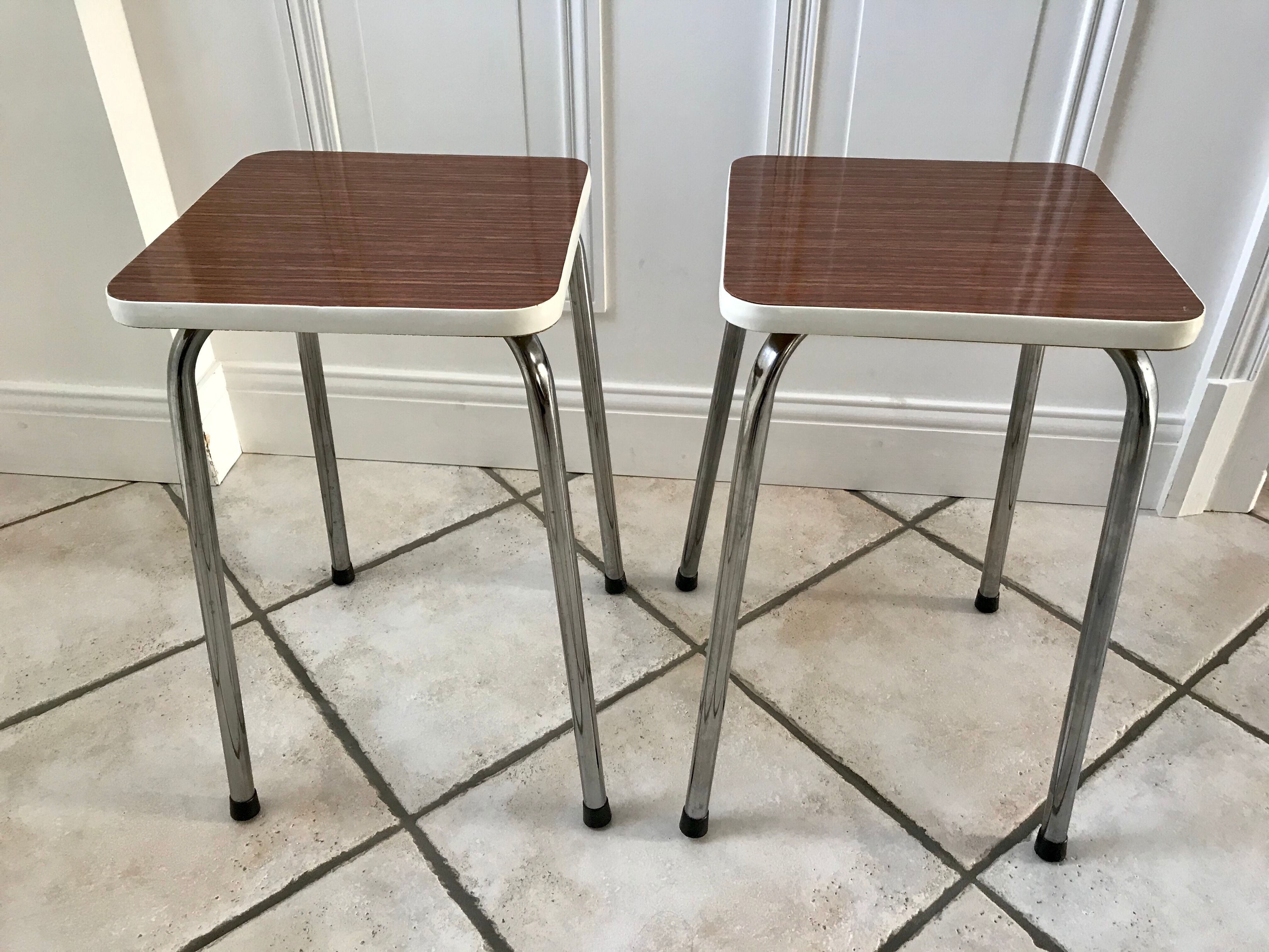 Pair of formica stools brown style veneer and white 70s