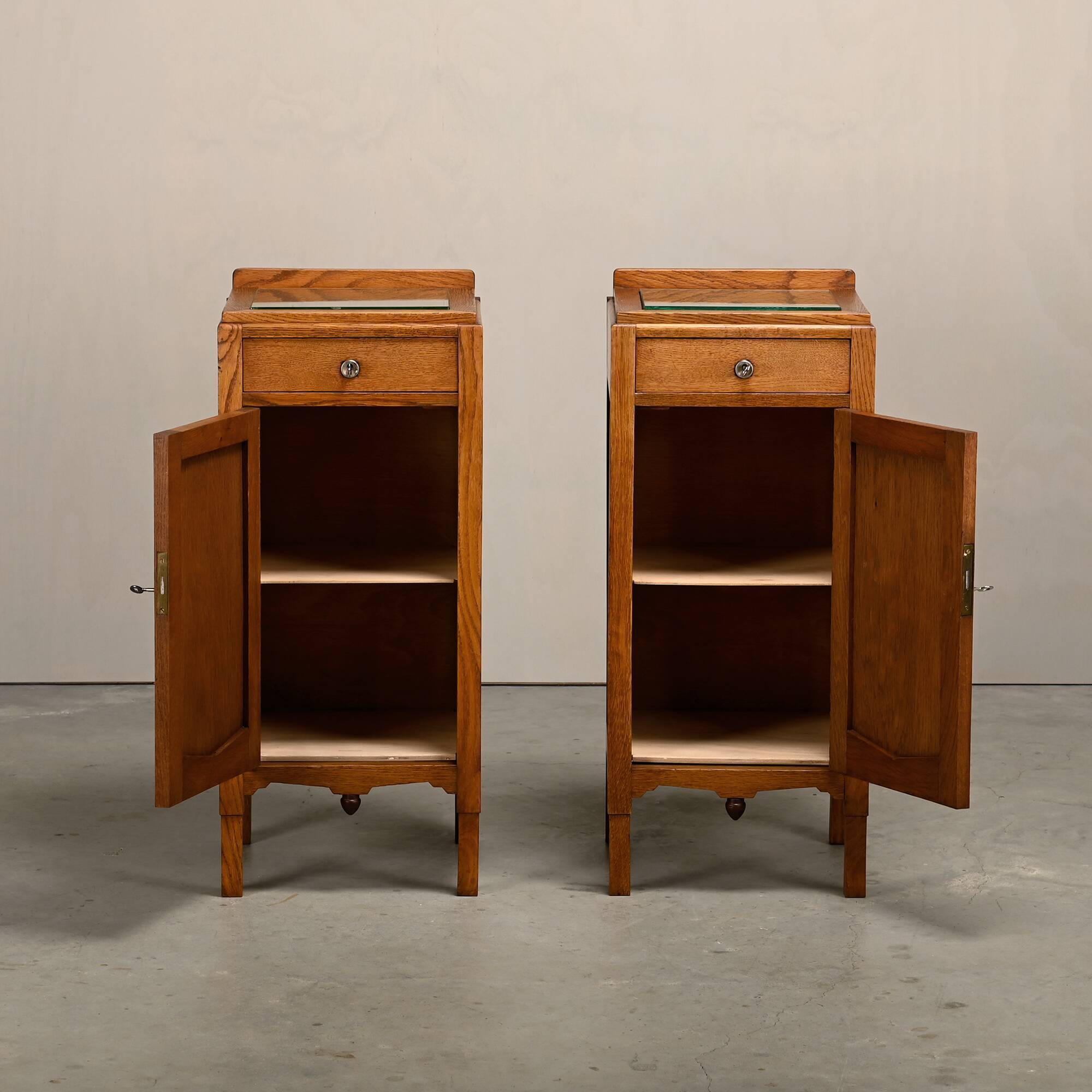 Art Deco Amsterdam School Nightstands oak wood and glass, 1930s Netherlands