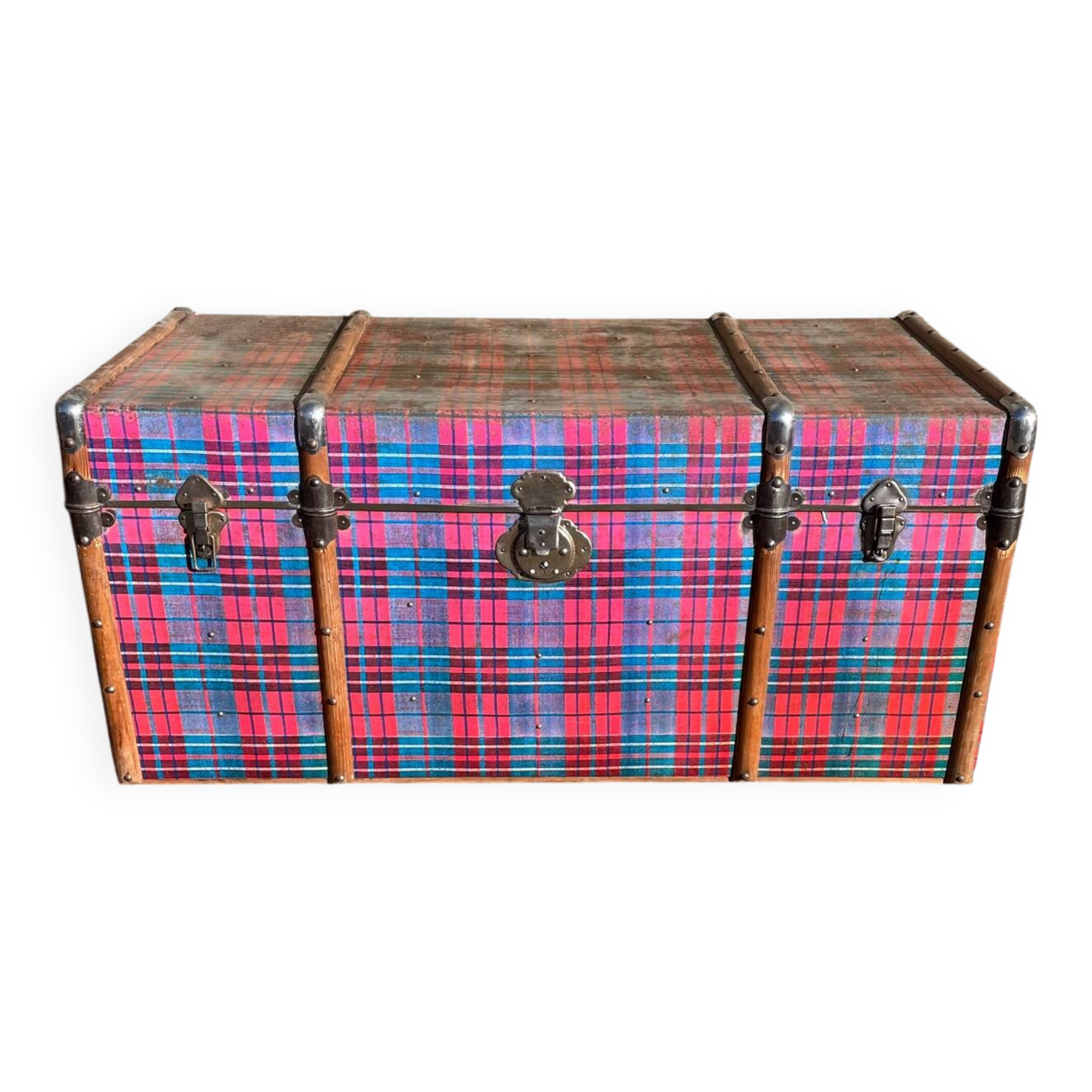 Old wooden and metal travel trunk