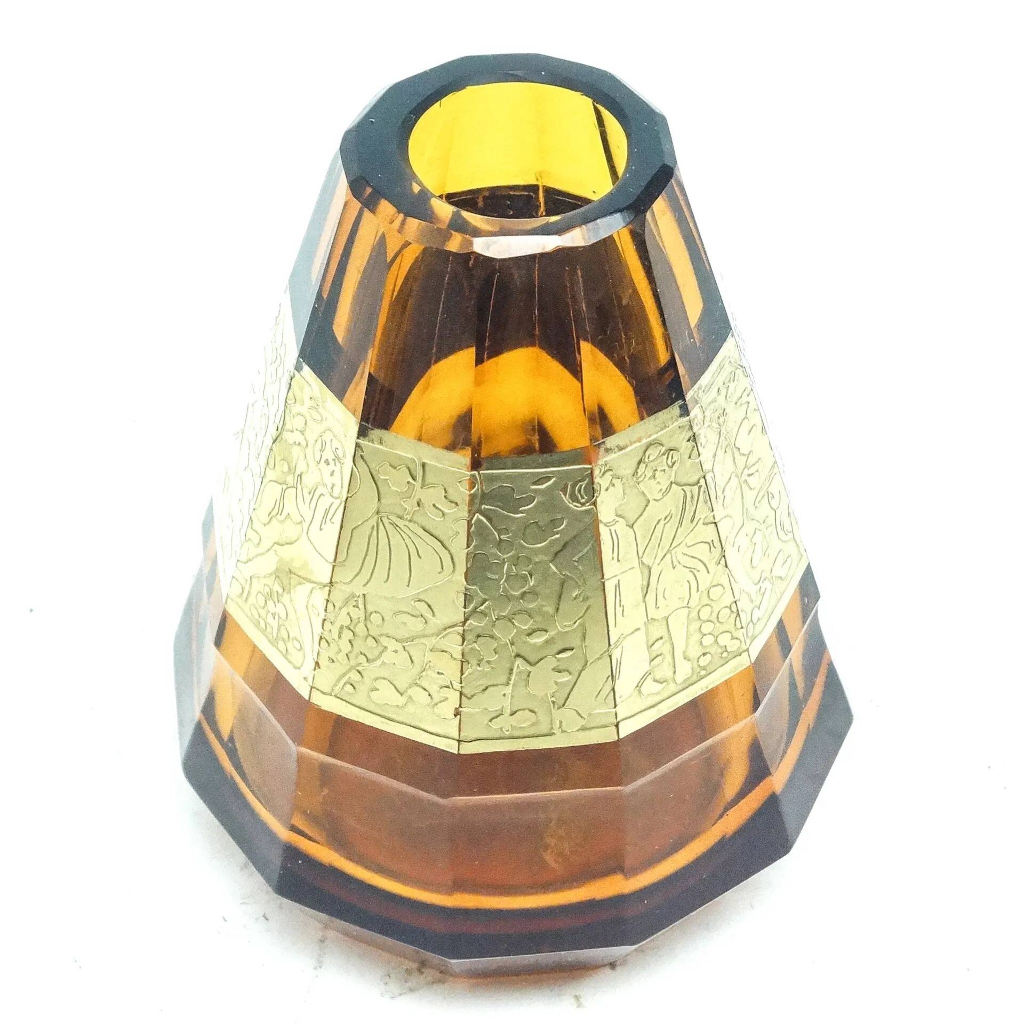 Art Deco vase, honey crystal, oroplastic, Moser, Czechoslovakia, 1930s