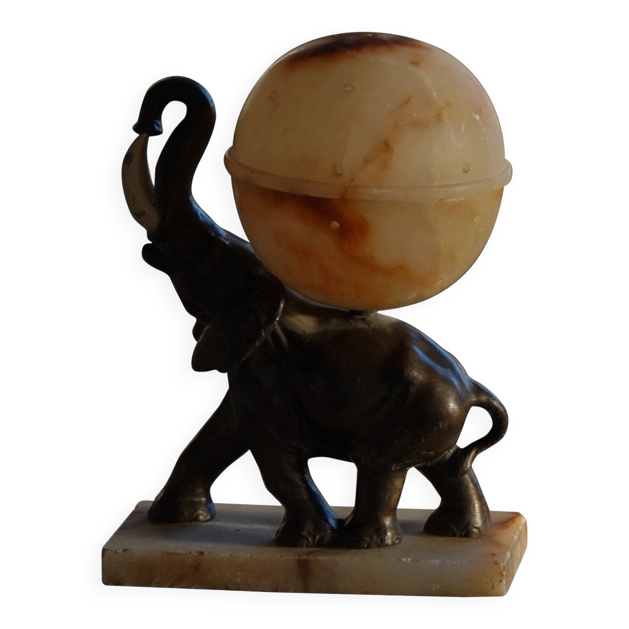 Art Deco Table Lamp, Elephant with Alabaster Globe, Early 20th Century, 1930s