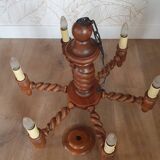 Turned wooden chandelier with 6 branches and its ceiling light