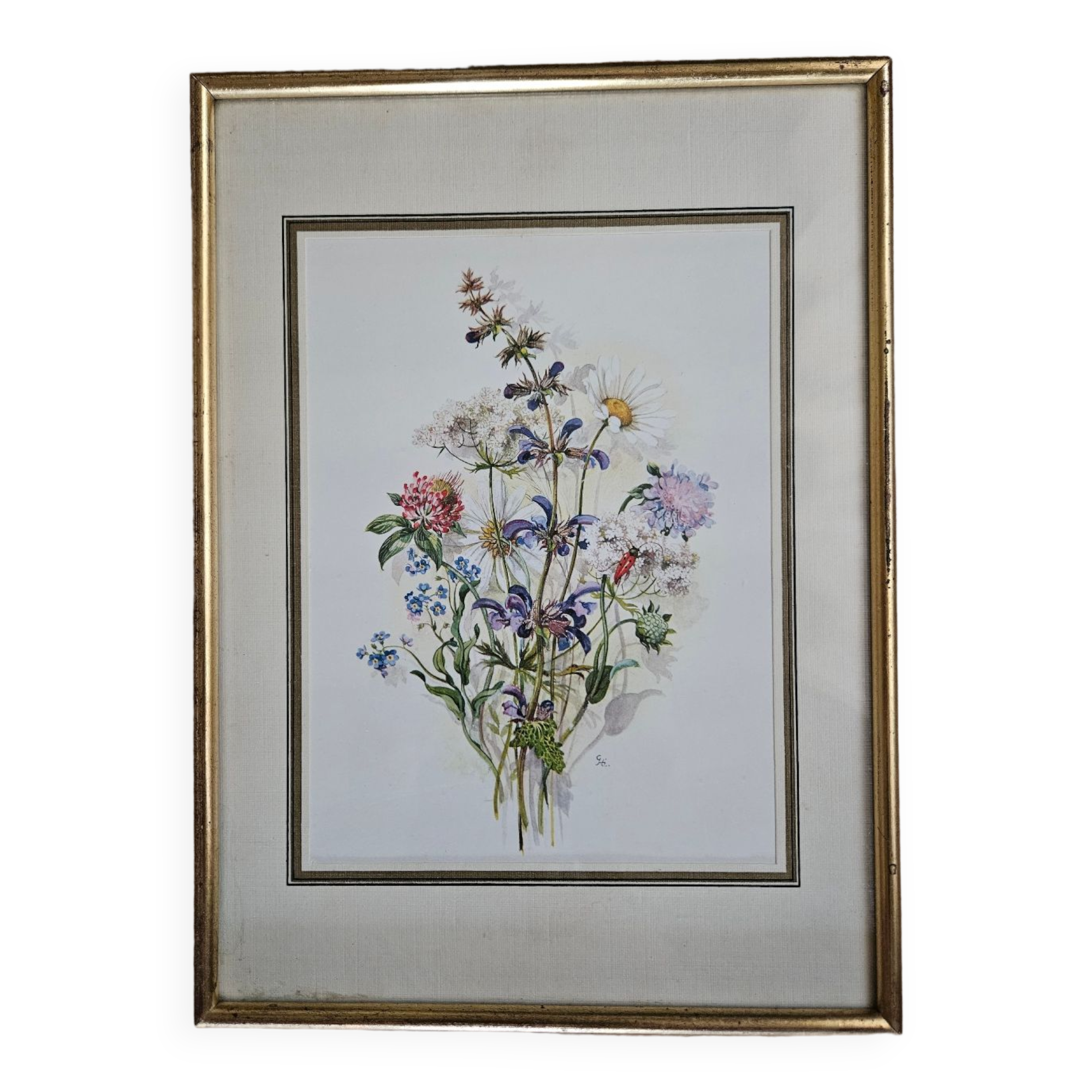 Lithographie bouquet de fleurs sauvages sous cadre doré