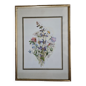 Lithographie bouquet de fleurs sauvages sous cadre doré