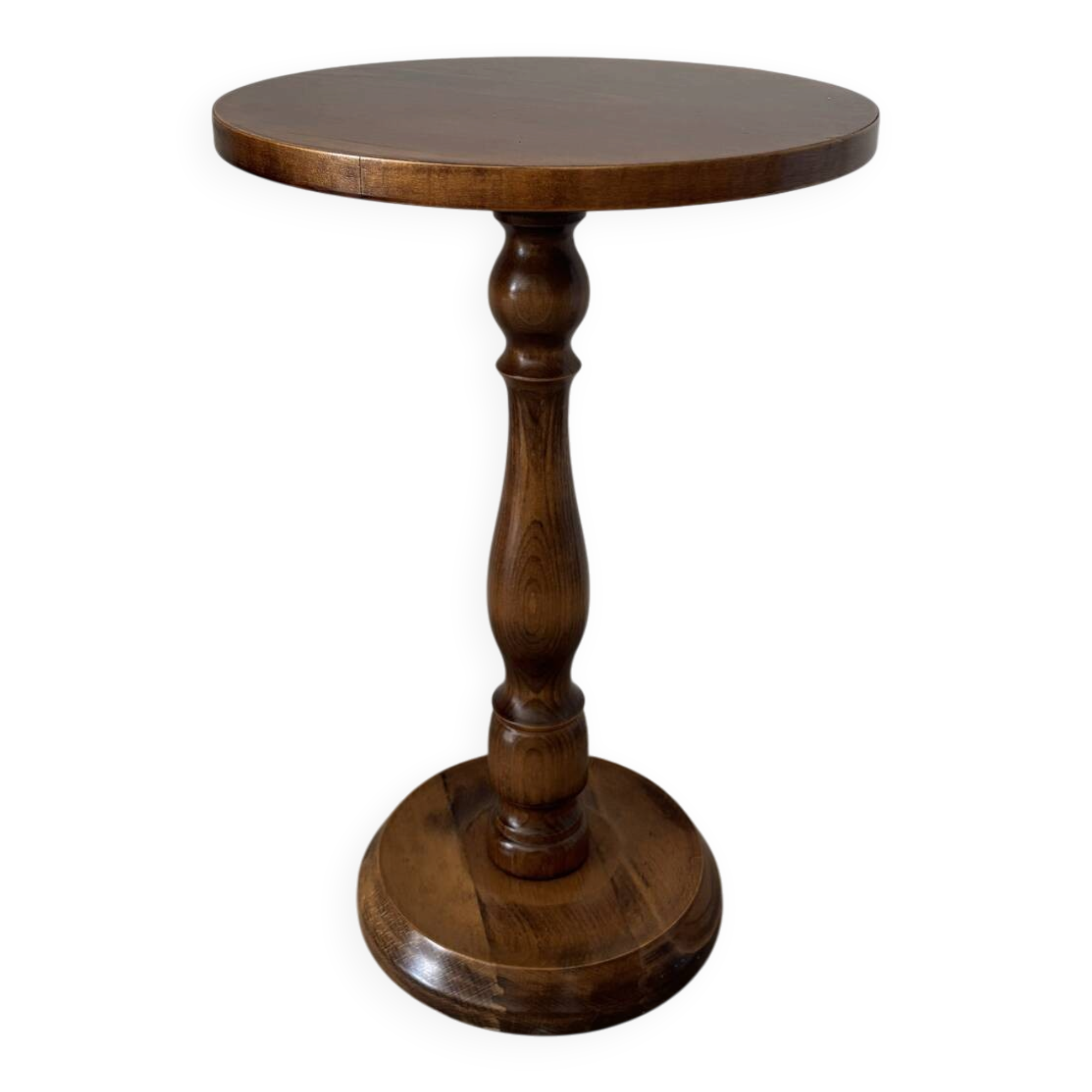 Small vintage wooden side table | Round accent table | Turned leg