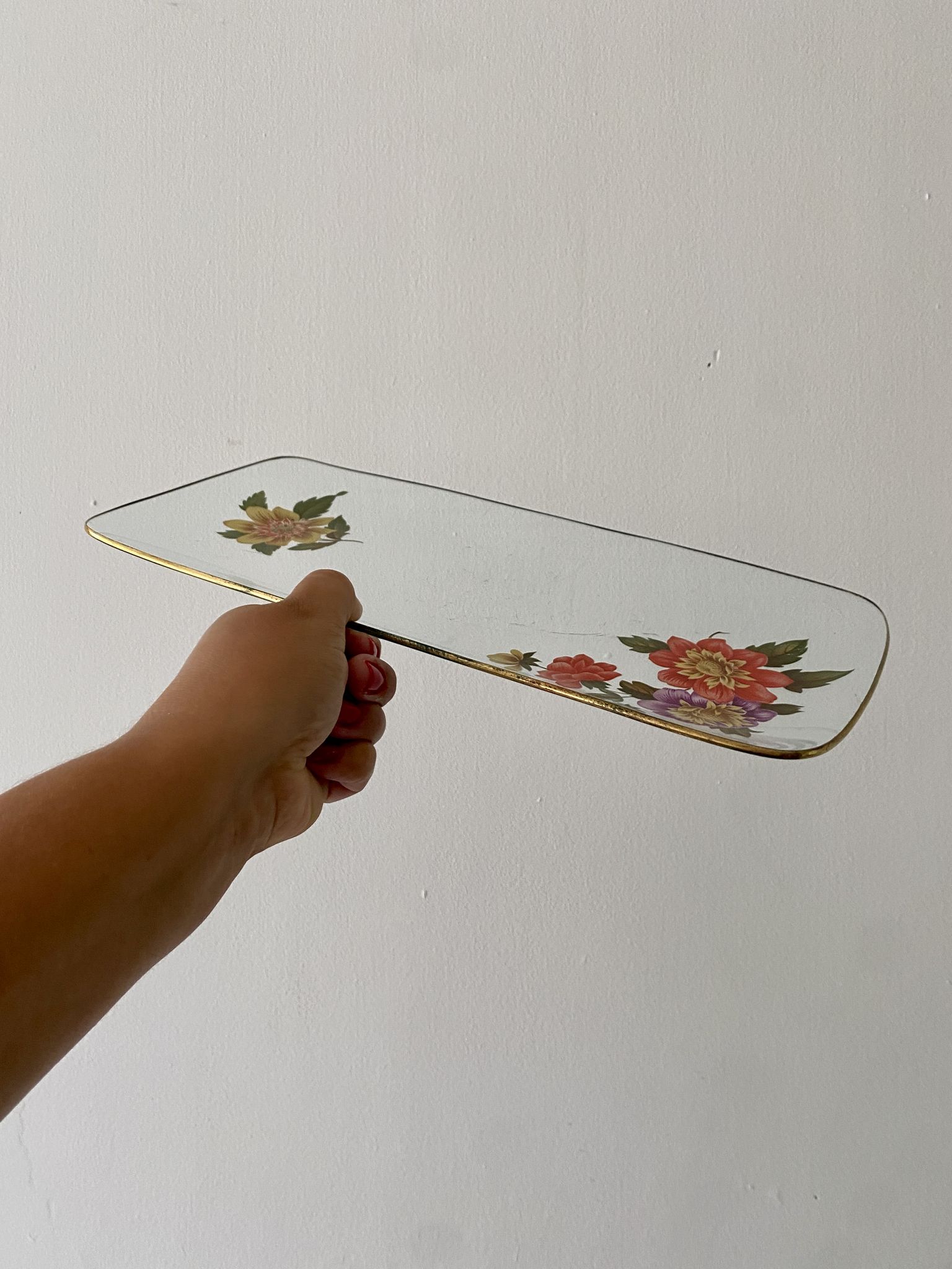 Vintage glass cake dish flower designs