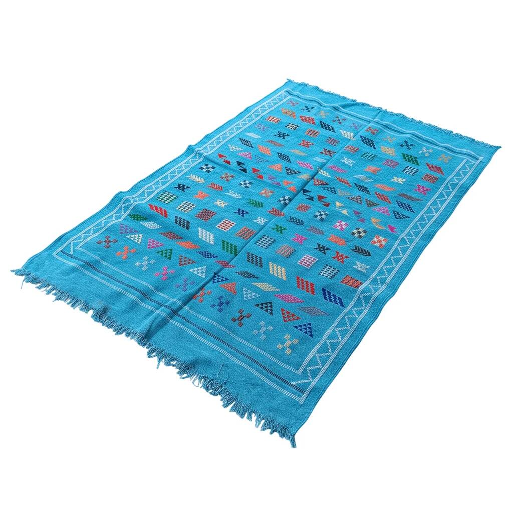 Tapis berbère bleu turquoise motifs multicolores