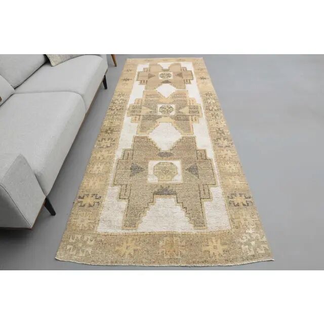 1970s Turkish Hand-Knotted Wool Cotton White Runner Rug 120X314