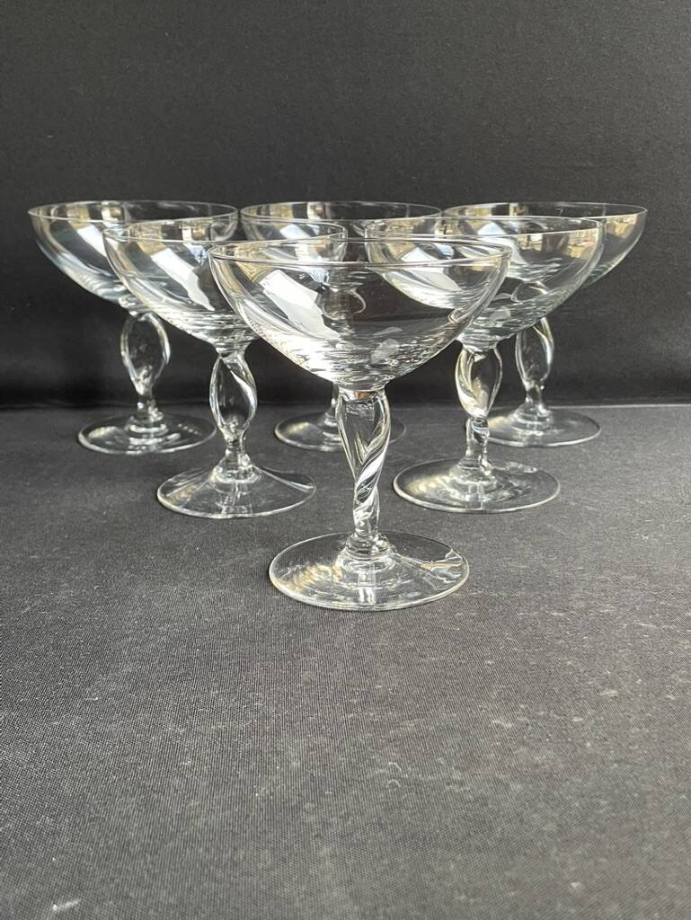 6 light crystal champagne glasses with twisted leg, early 20th century