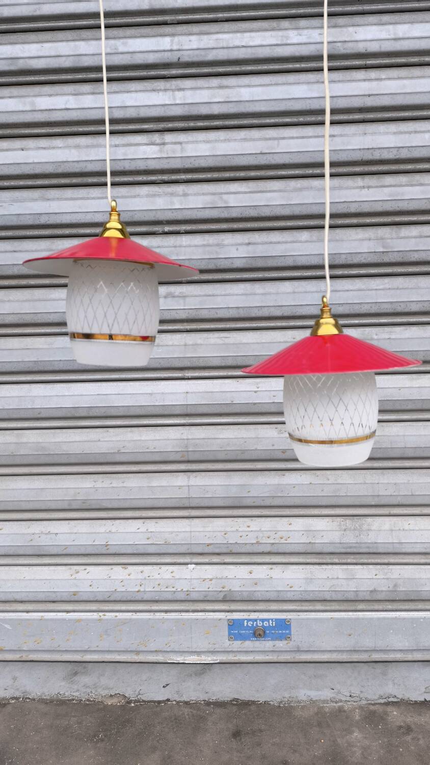Pair of enamelled sheet metal and glass pendant lights